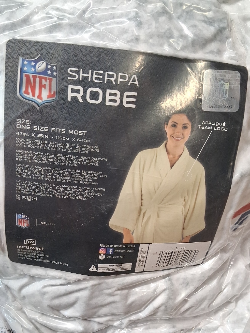 NWT Womens NFL Sherpa Robe Buffalo Bills Light Grey - Picture 2 of 3